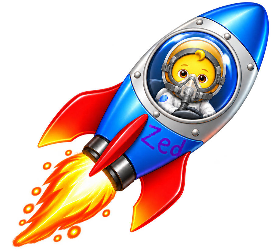 Zed the rocket, blasting off with a smiling astronaut at the controls